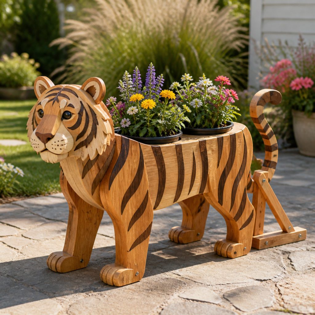 Tiger with Twin Flower Pots shown as a square photorealistic cedar garden planter filled with cottage flowers
