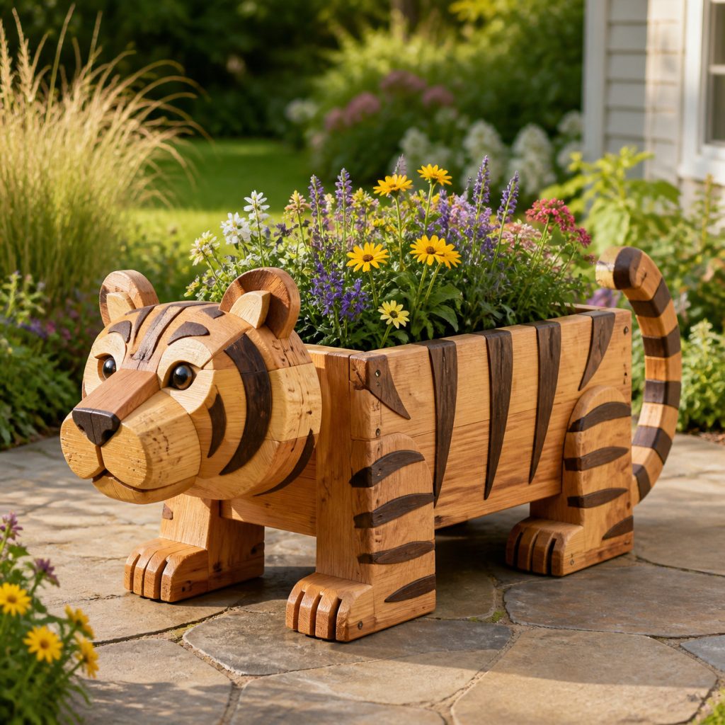 Chunky Timber Tiger Box shown as a square photorealistic cedar garden planter filled with cottage flowers