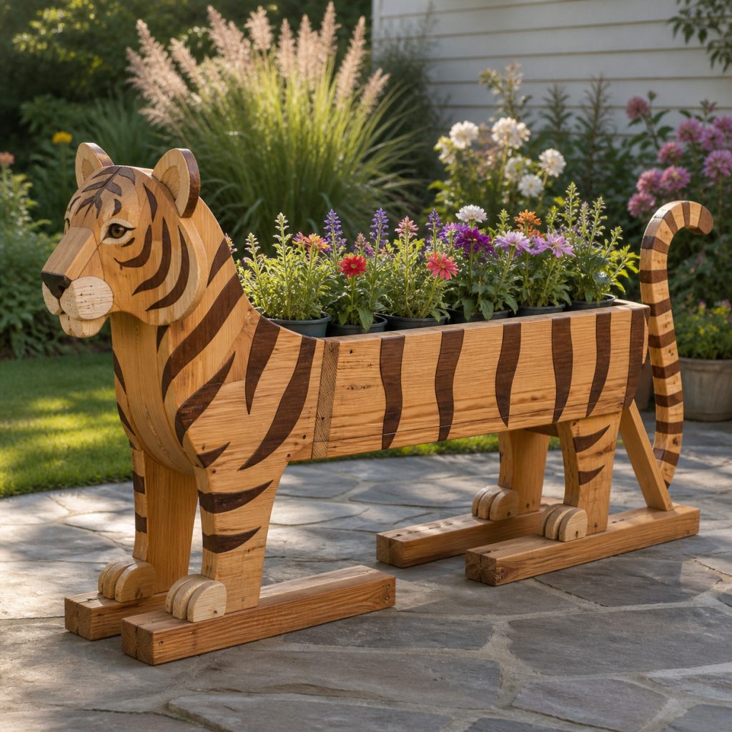 Tiger on Wide Base Rails shown as a square photorealistic cedar garden planter filled with cottage flowers