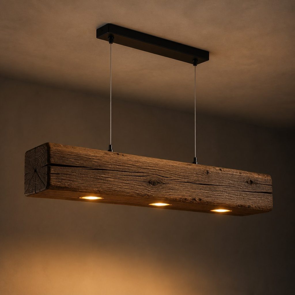 Reclaimed-Oak Three-Light Beam Pendant shown as an original square photorealistic ceiling-suspended timber beam pendant light dominated by real timber grain and warm diffused LED light