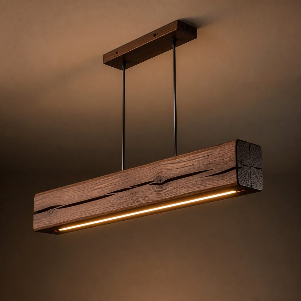 Walnut Linear Beam Pendant shown as an original square photorealistic ceiling-suspended timber beam pendant light dominated by real timber grain and warm diffused LED light