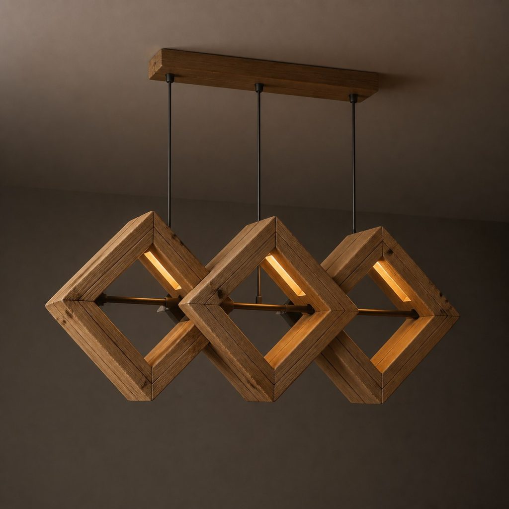 White-Oak Diamond-Frame Pendant shown as an original square photorealistic ceiling-suspended timber beam pendant light dominated by real timber grain and warm diffused LED light
