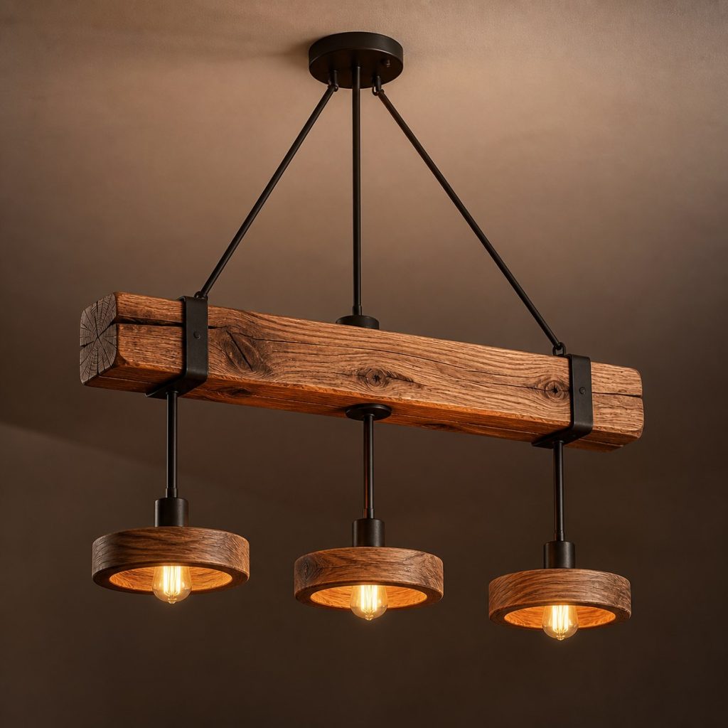 Cedar Beam and Ring-Shade Pendant shown as an original square photorealistic ceiling-suspended timber beam pendant light dominated by real timber grain and warm diffused LED light