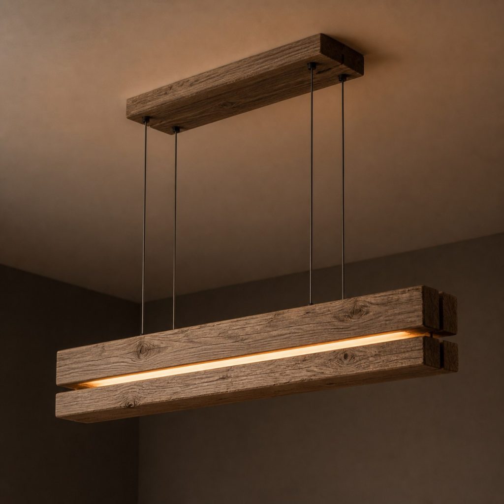 Parallel Ash Beam Pendant shown as an original square photorealistic ceiling-suspended timber beam pendant light dominated by real timber grain and warm diffused LED light