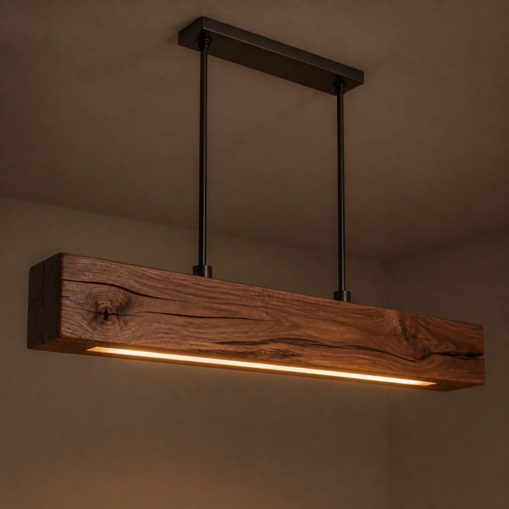Live-Edge Walnut Beam Pendant shown as an original square photorealistic ceiling-suspended timber beam pendant light dominated by real timber grain and warm diffused LED light