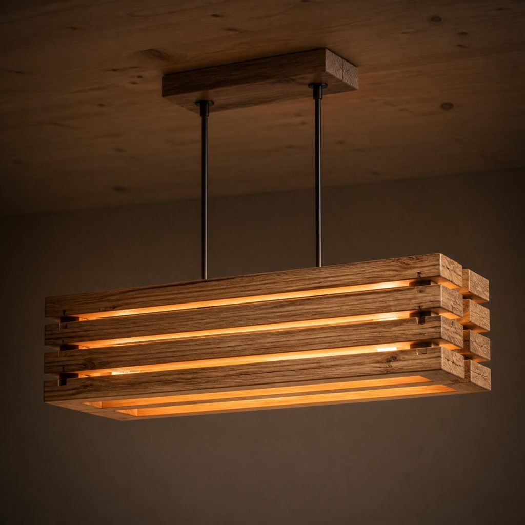 Slatted Oak Beam Lantern Pendant shown as an original square photorealistic ceiling-suspended timber beam pendant light dominated by real timber grain and warm diffused LED light