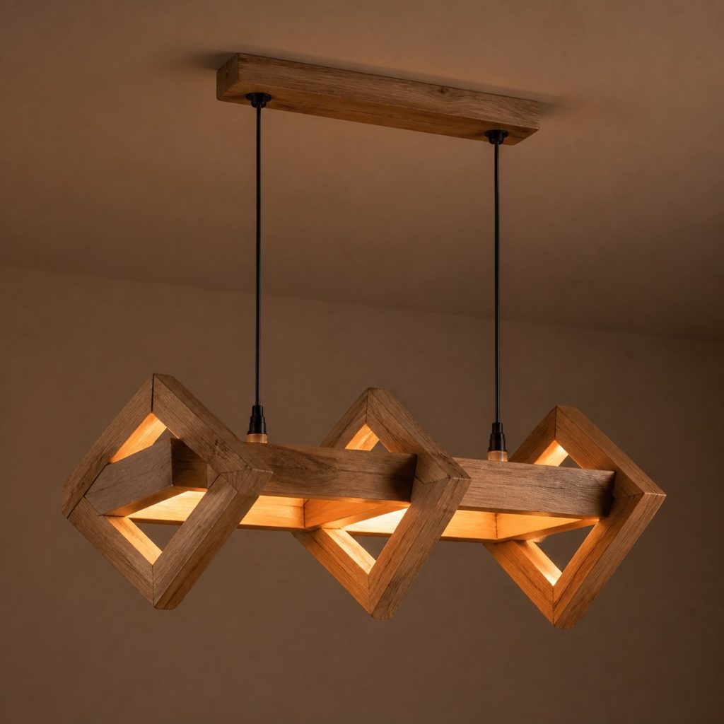 Maple Timber-Trellis Pendant shown as an original square photorealistic ceiling-suspended timber beam pendant light dominated by real timber grain and warm diffused LED light