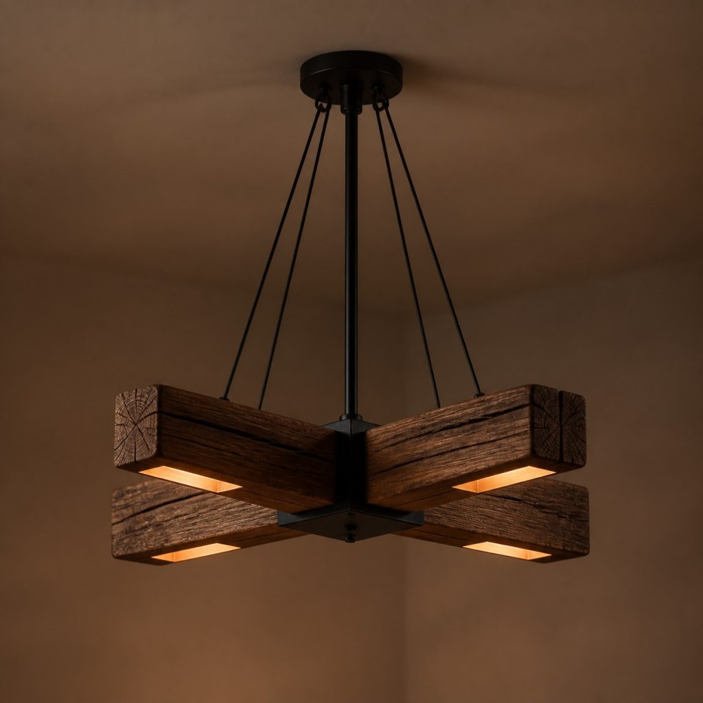 Dark Cedar Cross-Beam Pendant shown as an original square photorealistic ceiling-suspended timber beam pendant light dominated by real timber grain and warm diffused LED light
