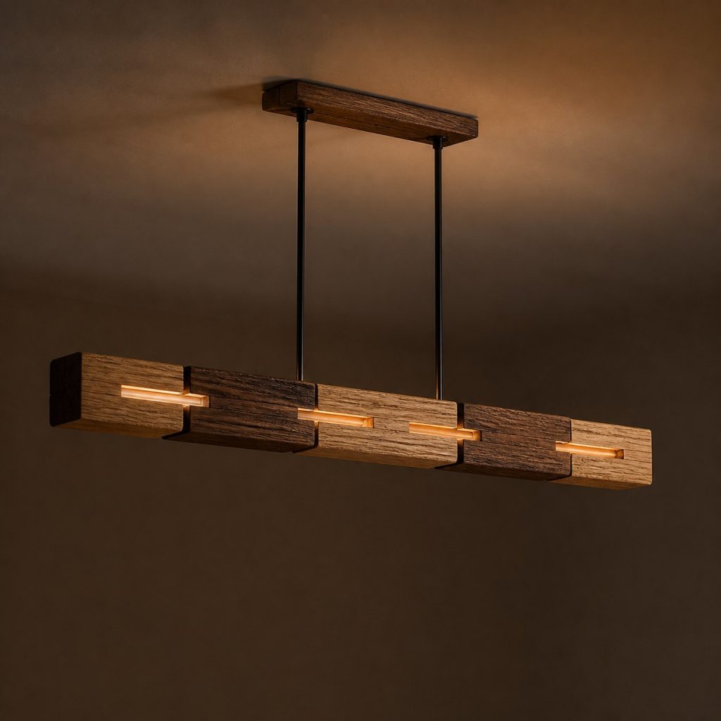 Two-Tone Block Beam Pendant shown as an original square photorealistic ceiling-suspended timber beam pendant light dominated by real timber grain and warm diffused LED light