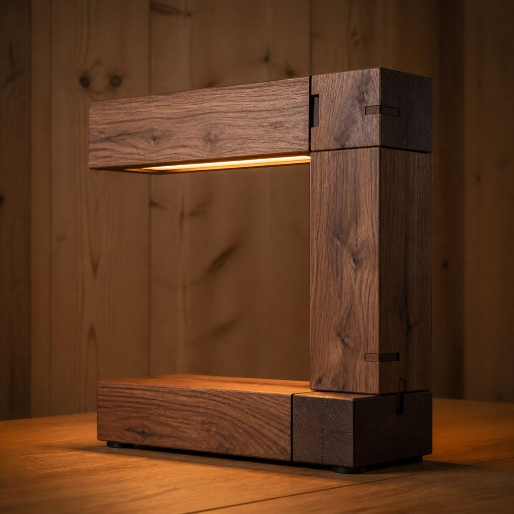 Walnut C-Frame Beam Lamp shown as an original square photorealistic timber beam table lamp dominated by real timber grain and warm diffused LED light