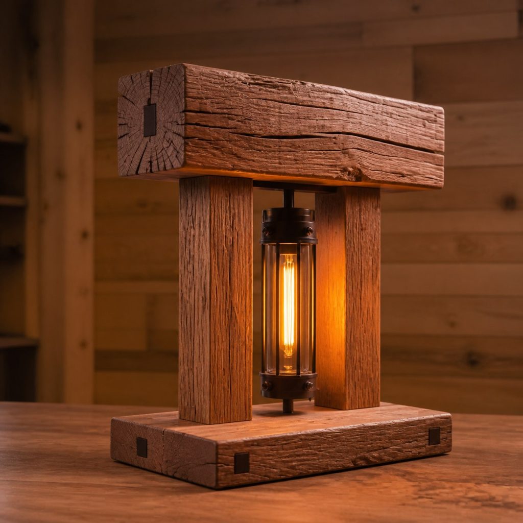 Cedar Twin-Post Beam Lamp shown as an original square photorealistic timber beam table lamp dominated by real timber grain and warm diffused LED light