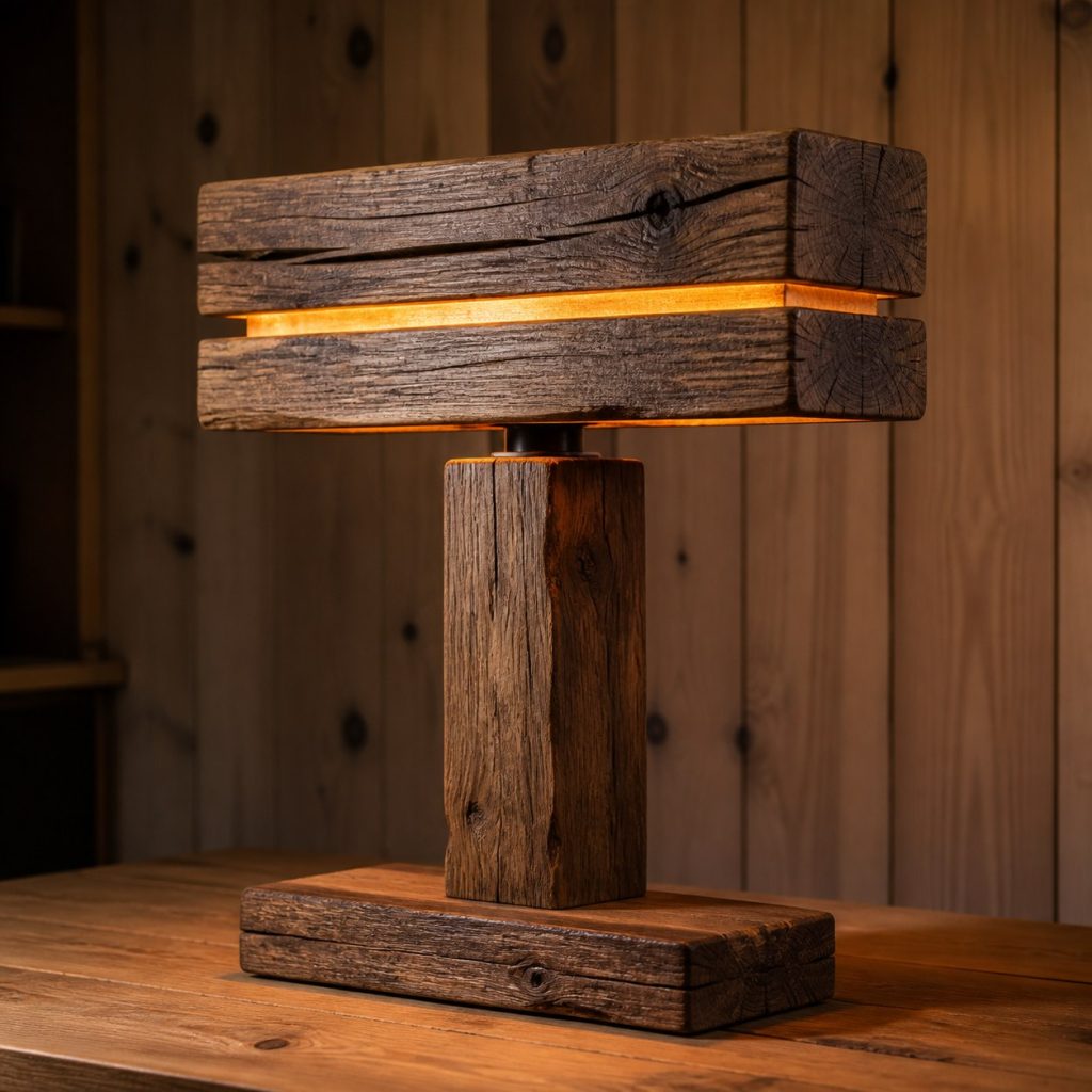 Split Chestnut Beam Lamp shown as an original square photorealistic timber beam table lamp dominated by real timber grain and warm diffused LED light