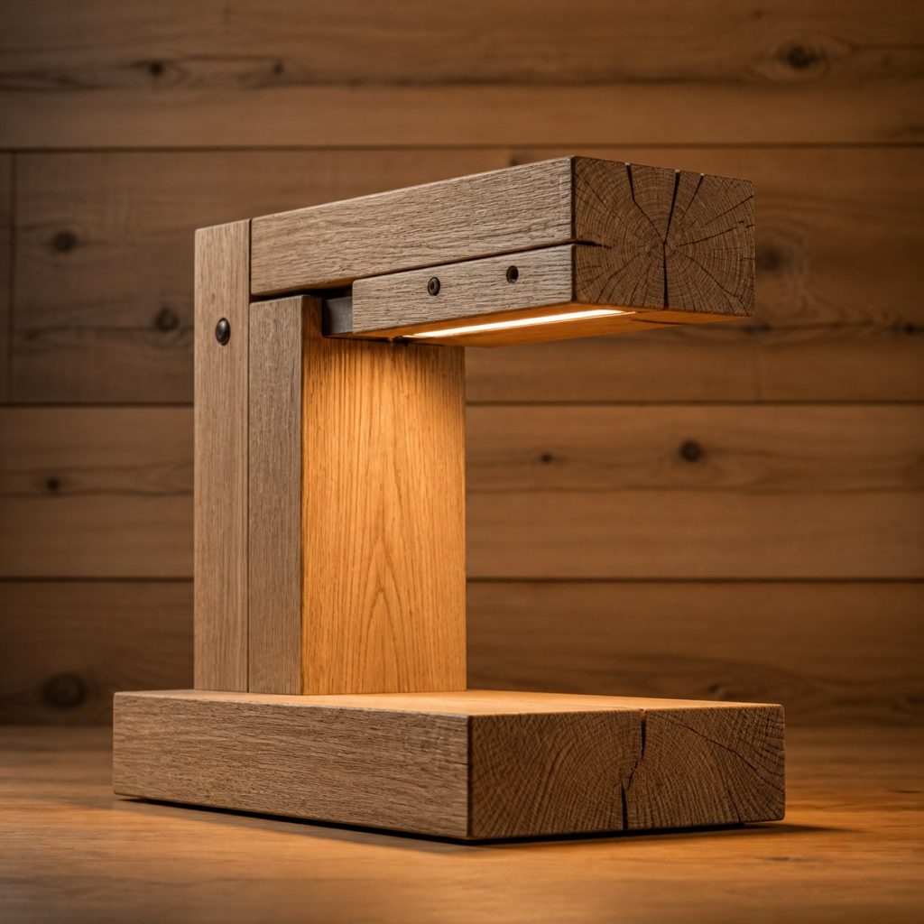 White-Oak Cantilever Beam Lamp shown as an original square photorealistic timber beam table lamp dominated by real timber grain and warm diffused LED light