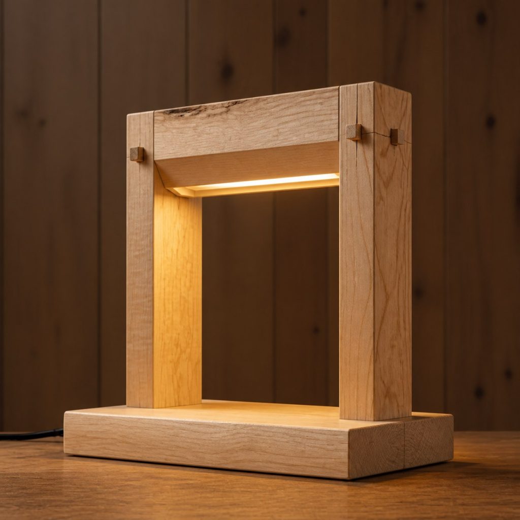 Maple Portal-Frame Lamp shown as an original square photorealistic timber beam table lamp dominated by real timber grain and warm diffused LED light