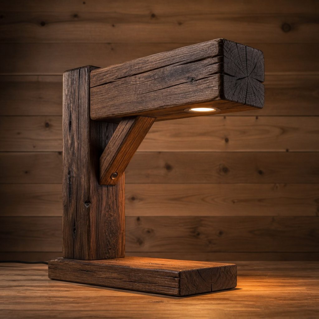 Dark-Walnut Offset Beam Lamp shown as an original square photorealistic timber beam table lamp dominated by real timber grain and warm diffused LED light