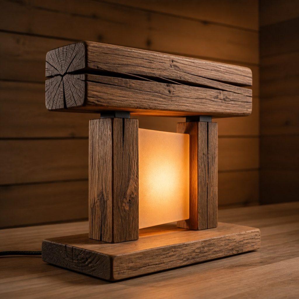 Weathered-Elm Lintel Lamp shown as an original square photorealistic timber beam table lamp dominated by real timber grain and warm diffused LED light