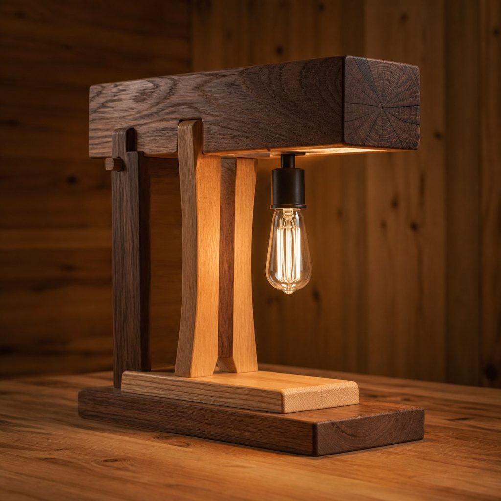Two-Tone Timber Beam Lamp shown as an original square photorealistic timber beam table lamp dominated by real timber grain and warm diffused LED light