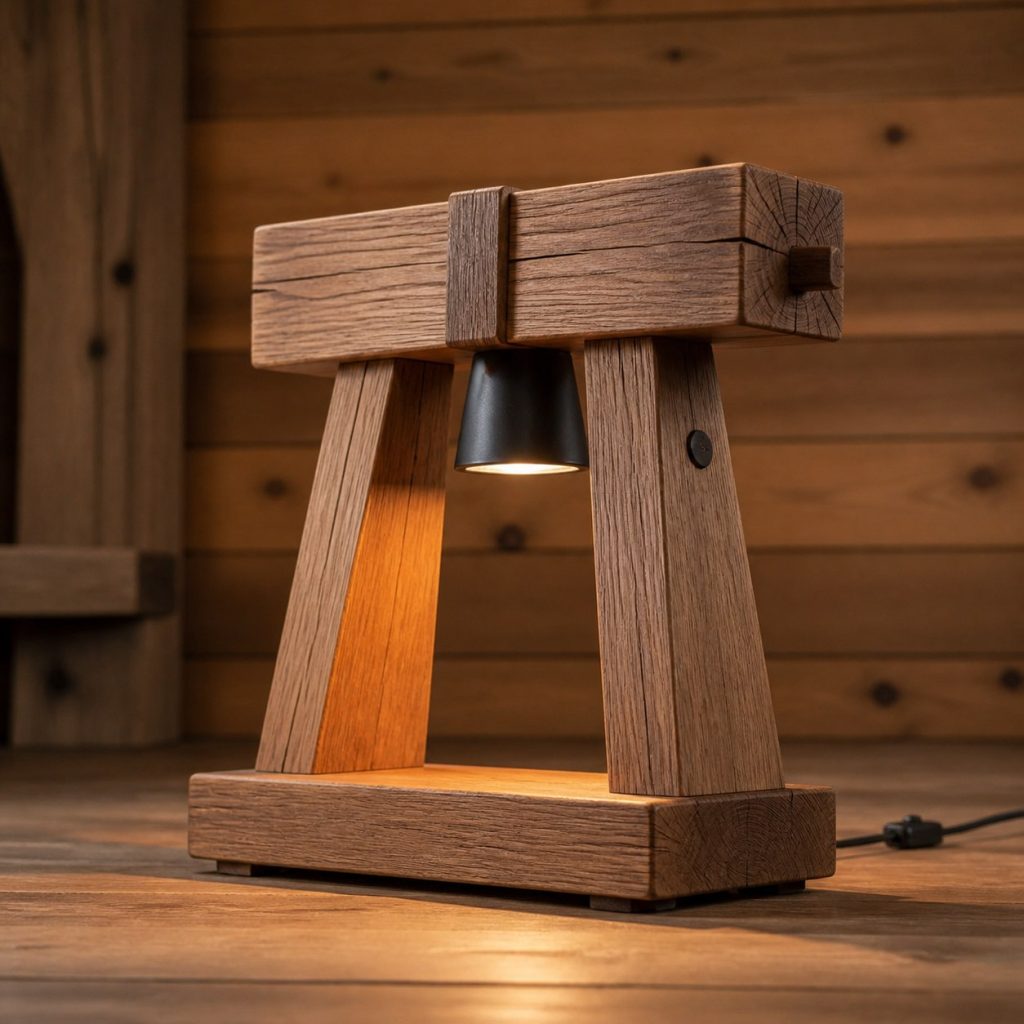 Compact Oak Trestle Lamp shown as an original square photorealistic timber beam table lamp dominated by real timber grain and warm diffused LED light