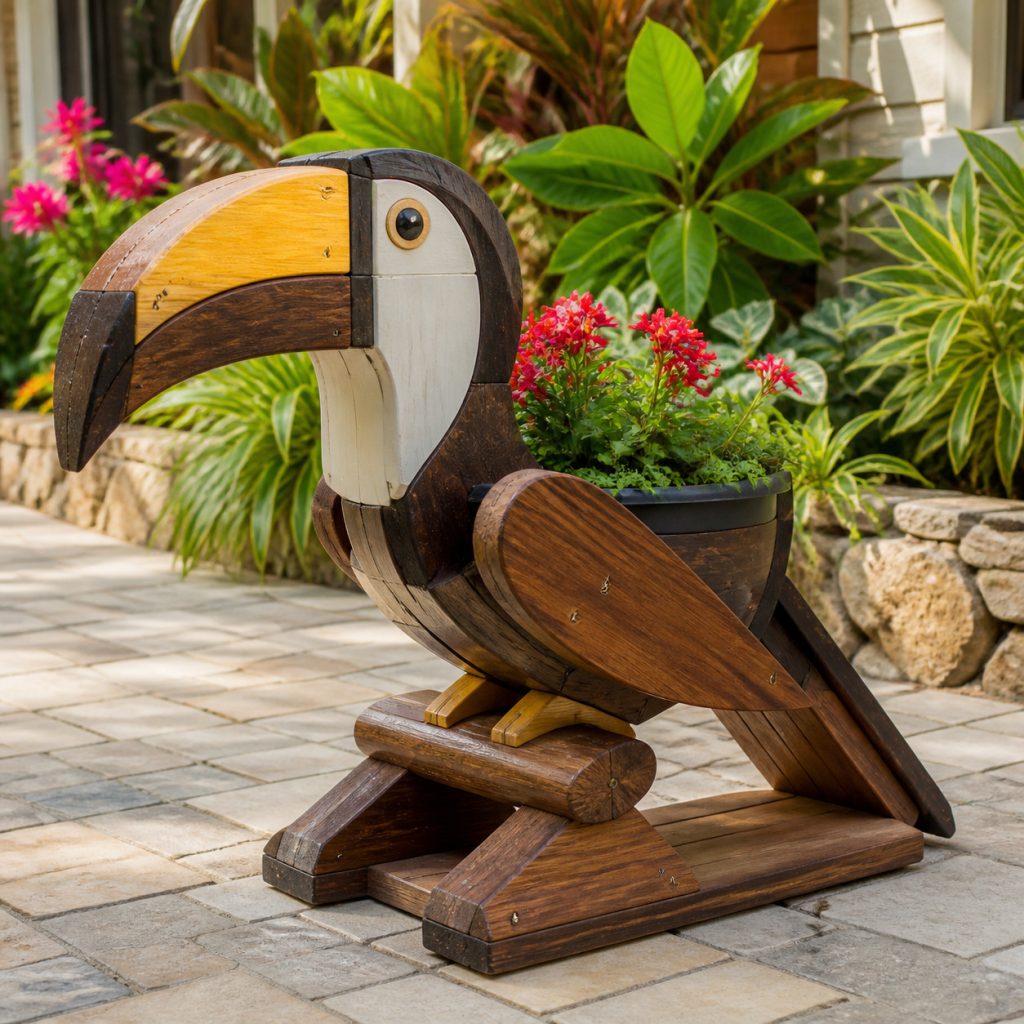 Compact Toucan Flower Pot shown as a square photorealistic cedar garden planter filled with cottage flowers