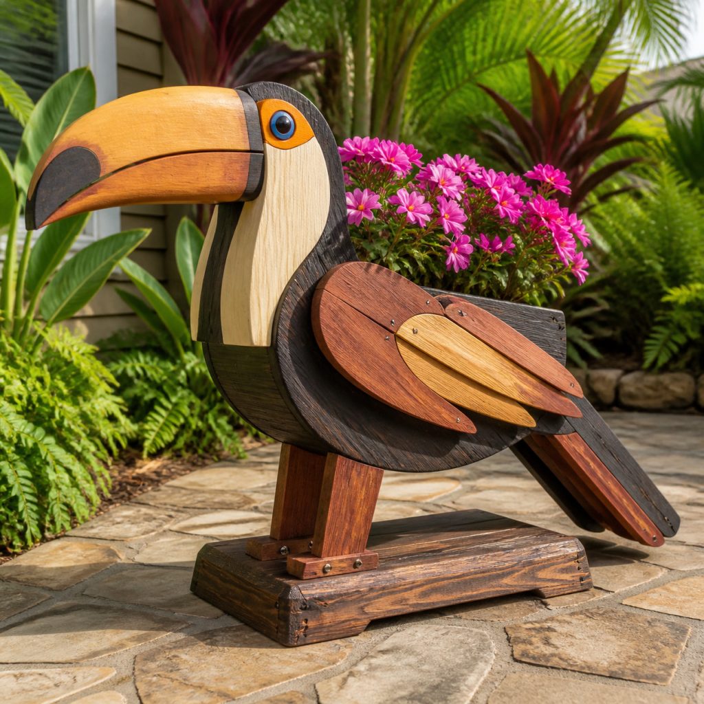 Layered-Wing Tropical Toucan shown as a square photorealistic cedar garden planter filled with cottage flowers