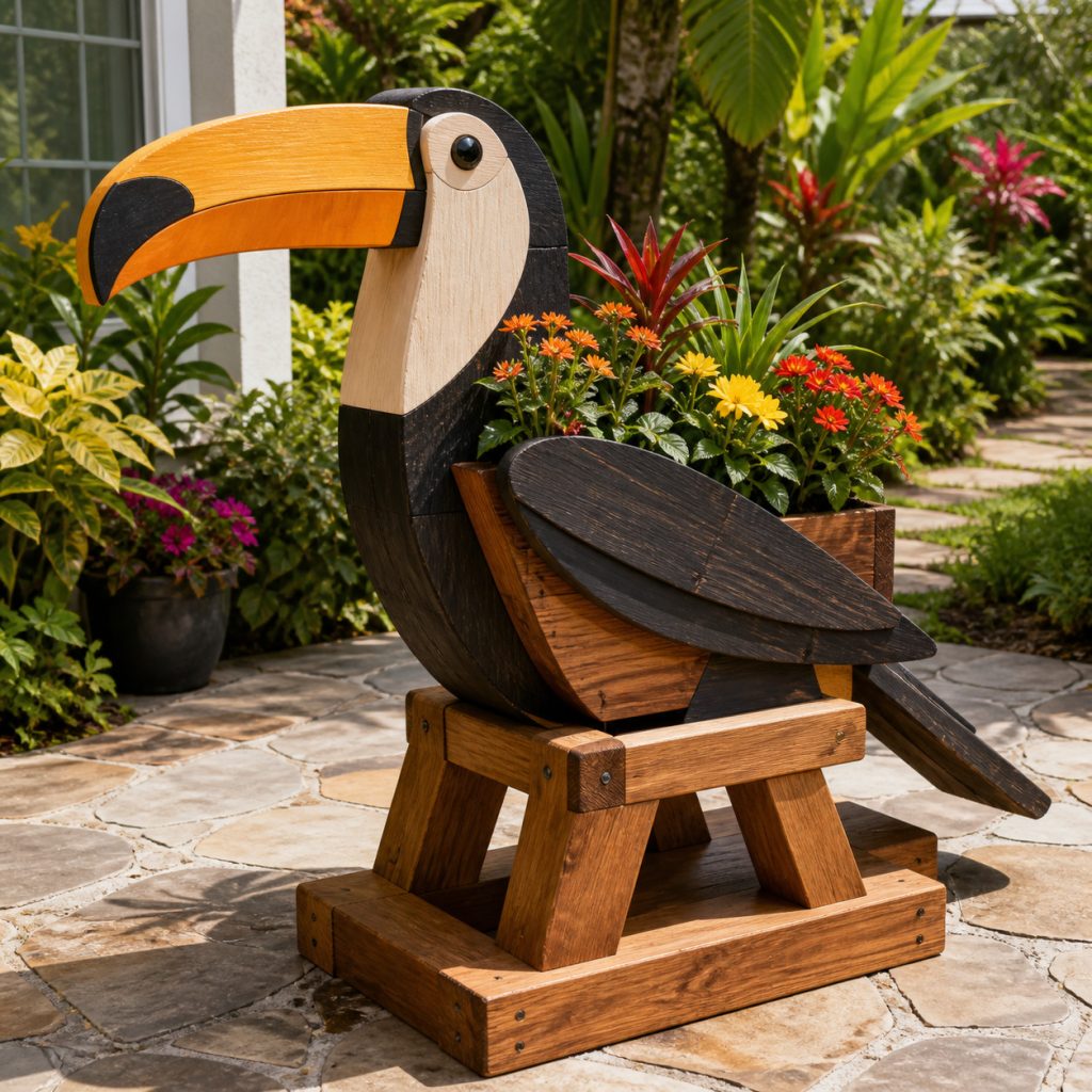 Toucan on Broad Perch Base shown as a square photorealistic cedar garden planter filled with cottage flowers