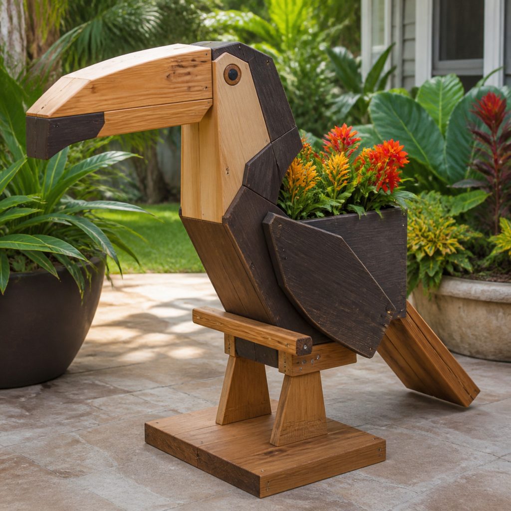 Modern Geometric Toucan shown as a square photorealistic cedar garden planter filled with cottage flowers