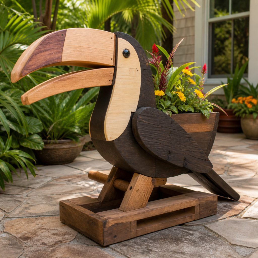 Two-Tone Cedar Toucan shown as a square photorealistic cedar garden planter filled with cottage flowers