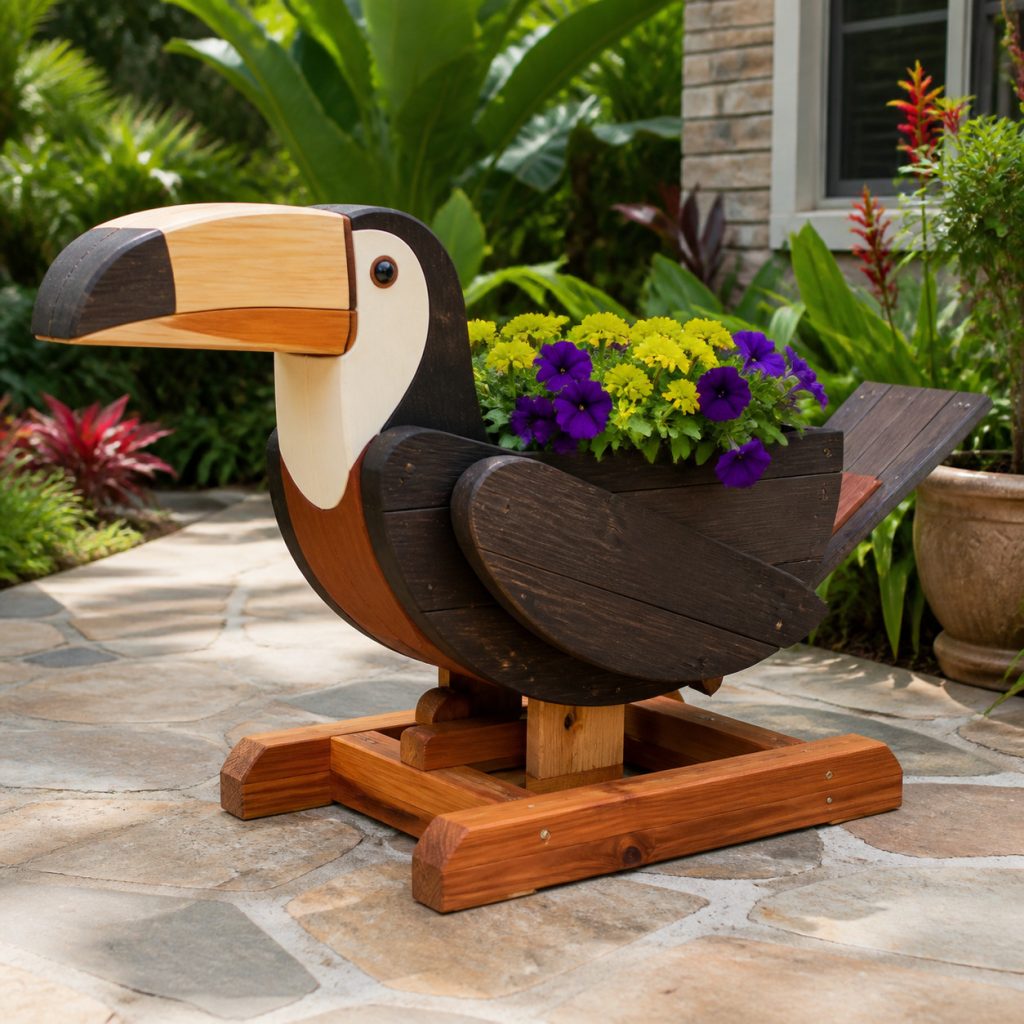 Low Body-Trough Toucan shown as a square photorealistic cedar garden planter filled with cottage flowers