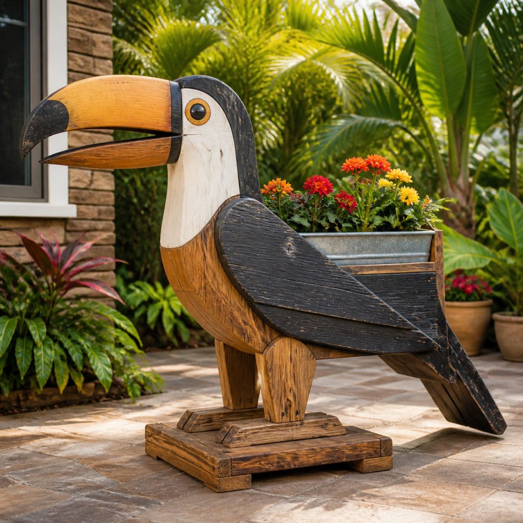 Weathered Patio Toucan shown as a square photorealistic cedar garden planter filled with cottage flowers