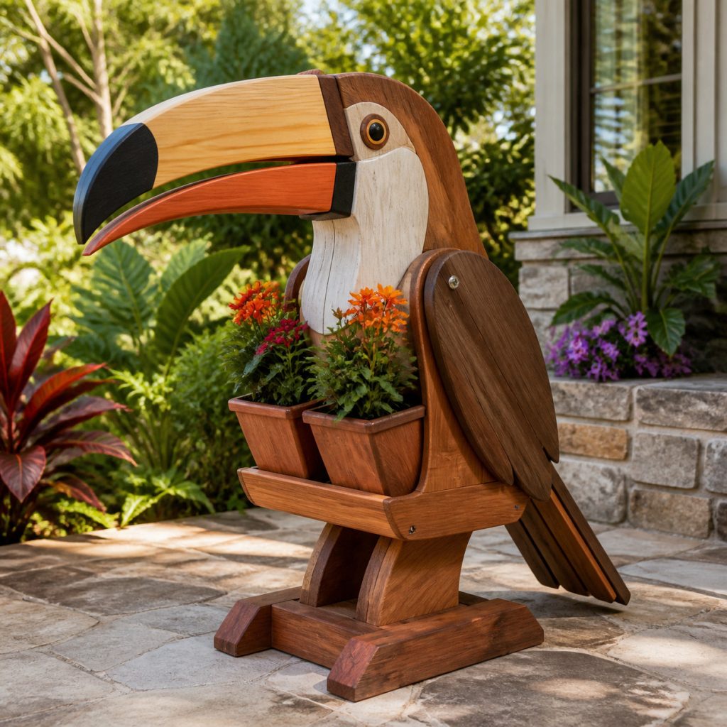 Toucan with Twin Flower Pots shown as a square photorealistic cedar garden planter filled with cottage flowers