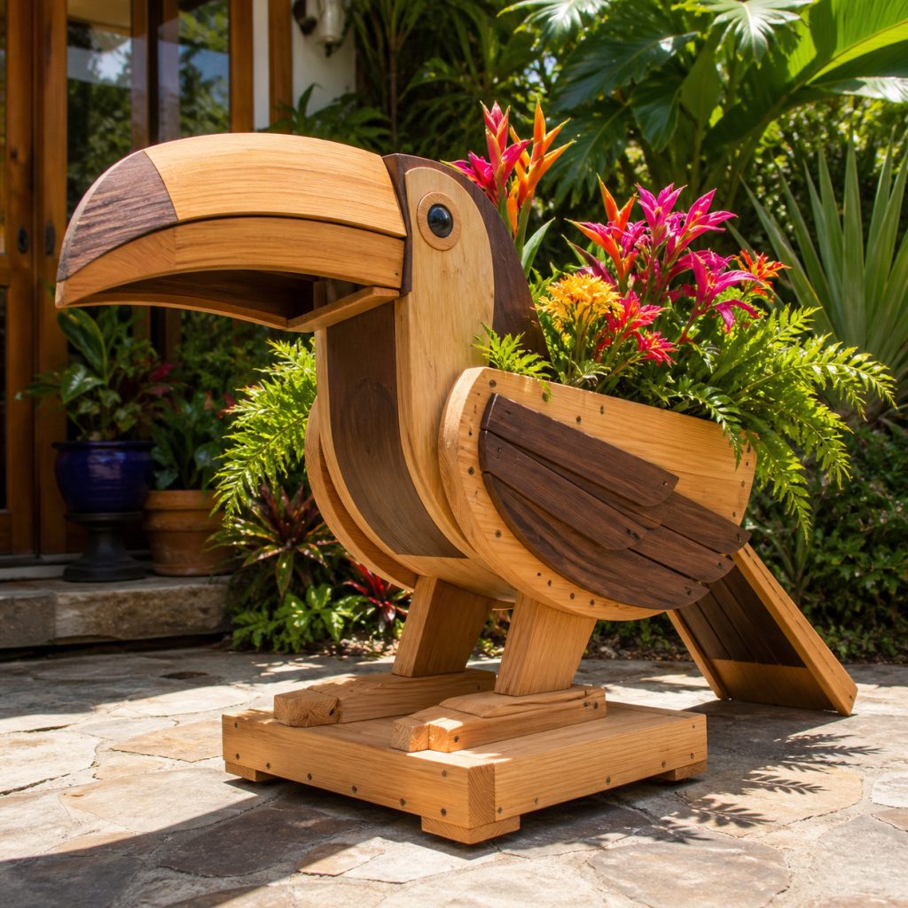 Tropical-Bloom Toucan Planter shown as a square photorealistic cedar garden planter filled with cottage flowers