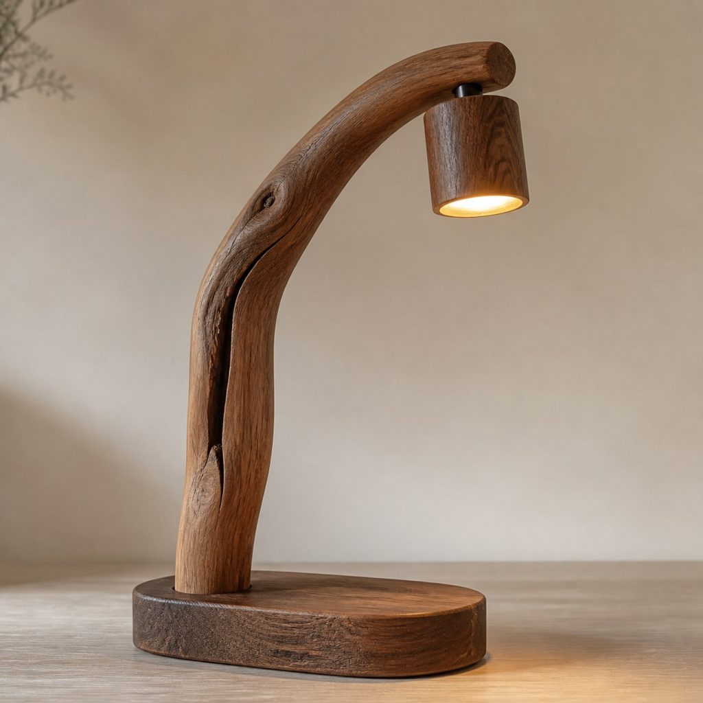Curved Walnut Branch Lamp shown as an original square photorealistic tree branch wood lamp dominated by authentic wood texture and warm diffused light