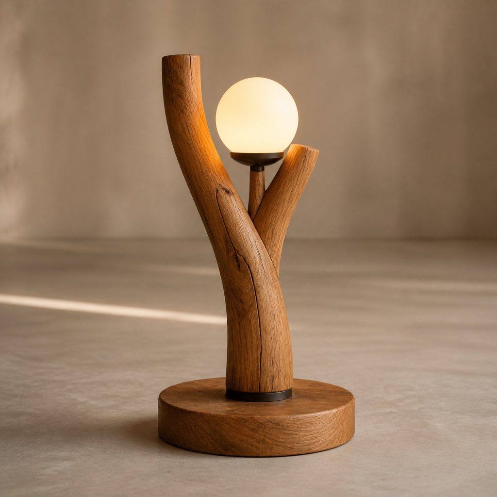 Forked Oak Globe Lamp shown as an original square photorealistic tree branch wood lamp dominated by authentic wood texture and warm diffused light