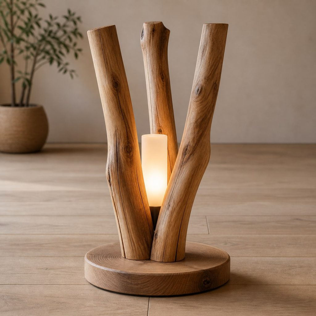 Three-Branch Ash Lantern shown as an original square photorealistic tree branch wood lamp dominated by authentic wood texture and warm diffused light