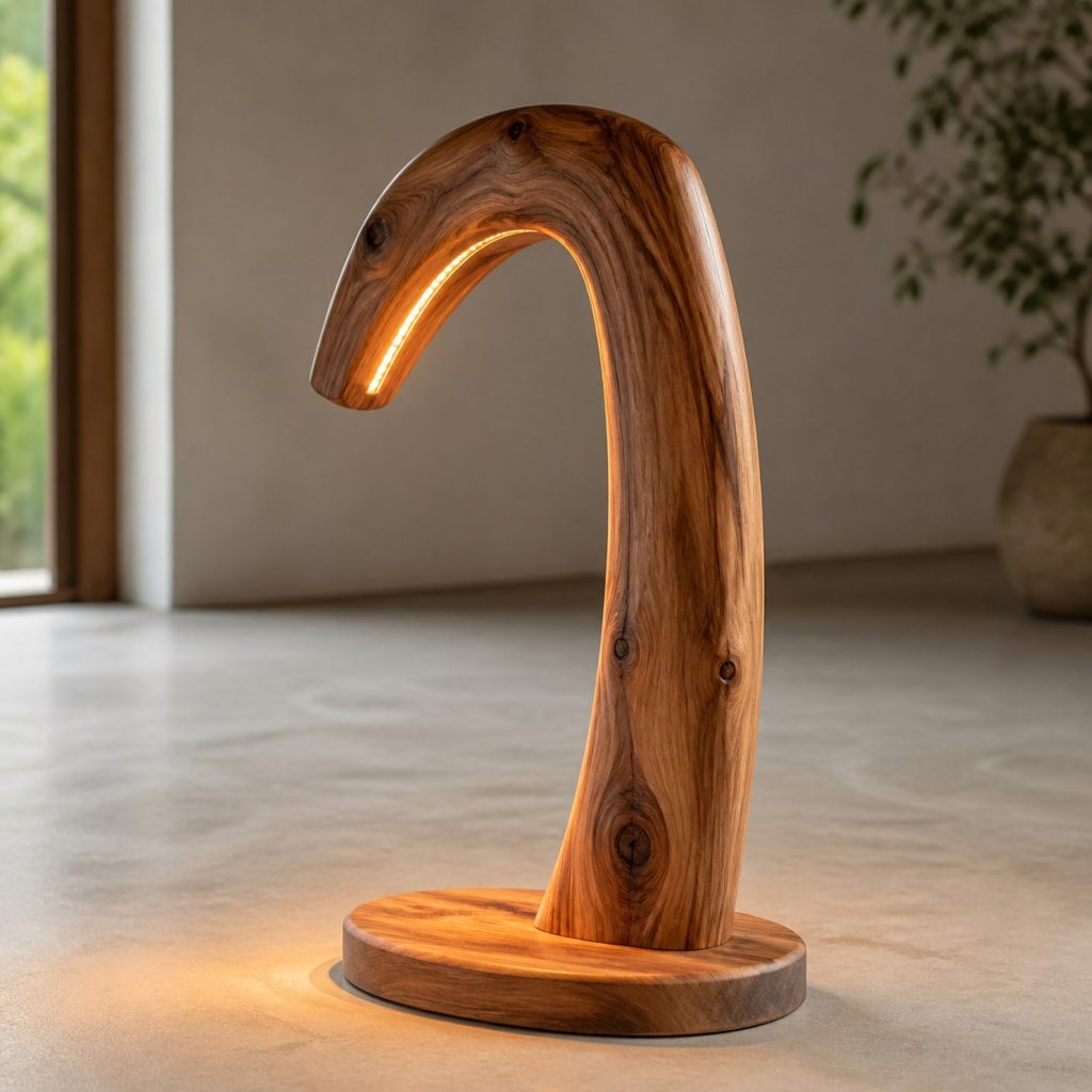 Cedar Branch-Arch Lamp shown as an original square photorealistic tree branch wood lamp dominated by authentic wood texture and warm diffused light