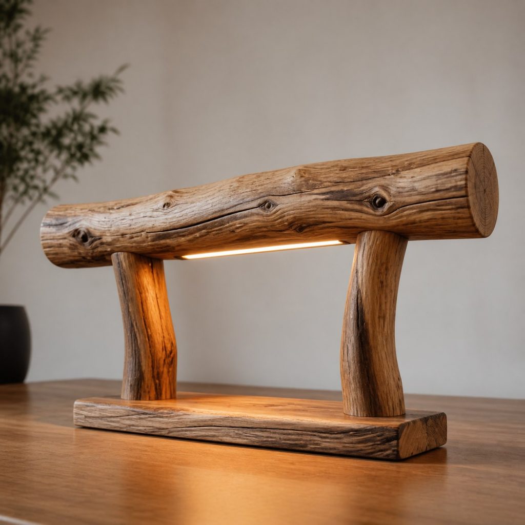 Horizontal Driftwood Branch Lamp shown as an original square photorealistic tree branch wood lamp dominated by authentic wood texture and warm diffused light
