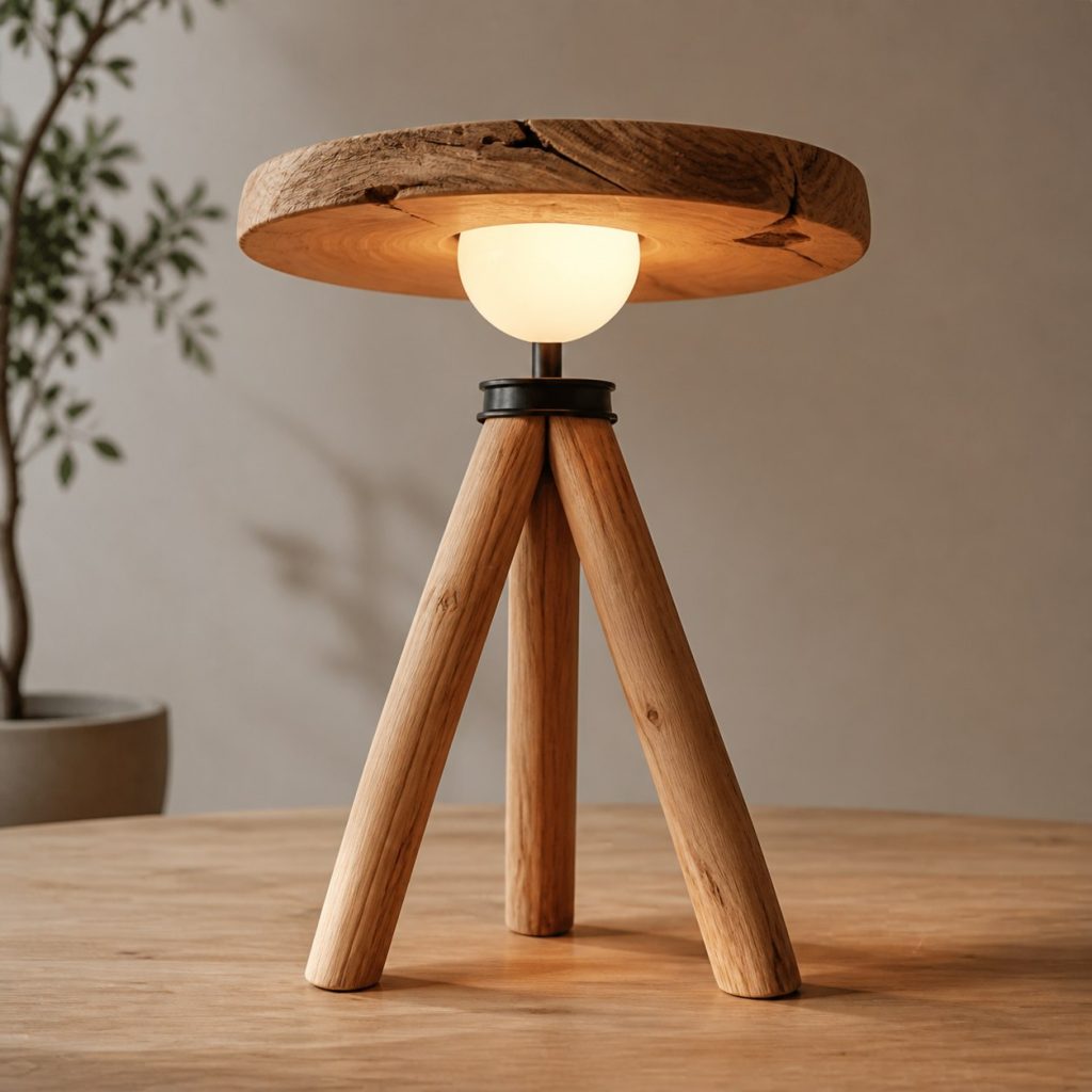 Cherry Branch Tripod Lamp shown as an original square photorealistic tree branch wood lamp dominated by authentic wood texture and warm diffused light