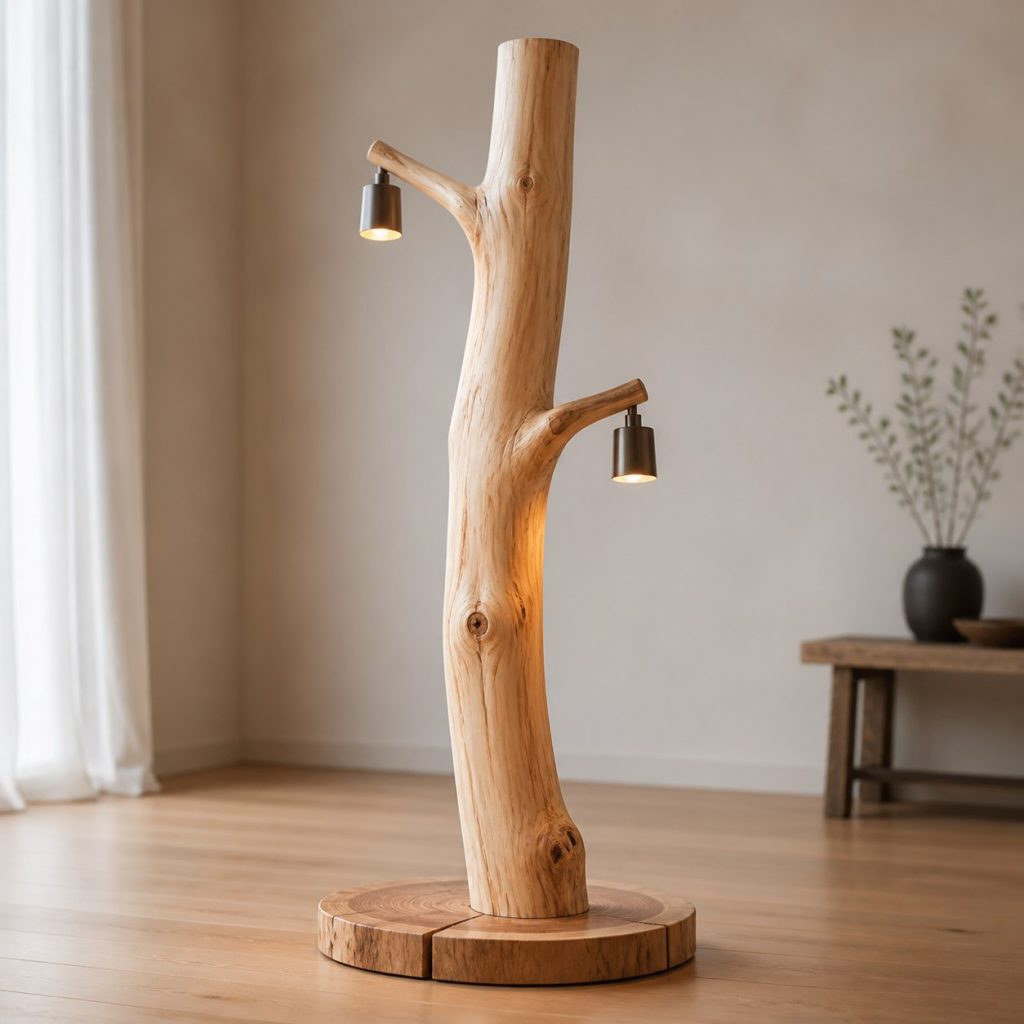 Tall Birch Branch Floor Lamp shown as an original square photorealistic tree branch wood lamp dominated by authentic wood texture and warm diffused light