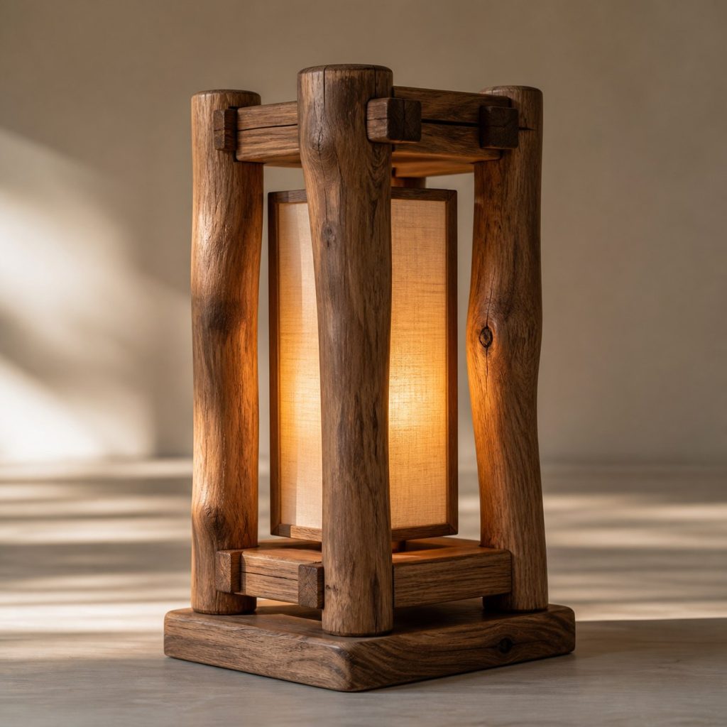 Dark-Elm Branch-Frame Lantern shown as an original square photorealistic tree branch wood lamp dominated by authentic wood texture and warm diffused light