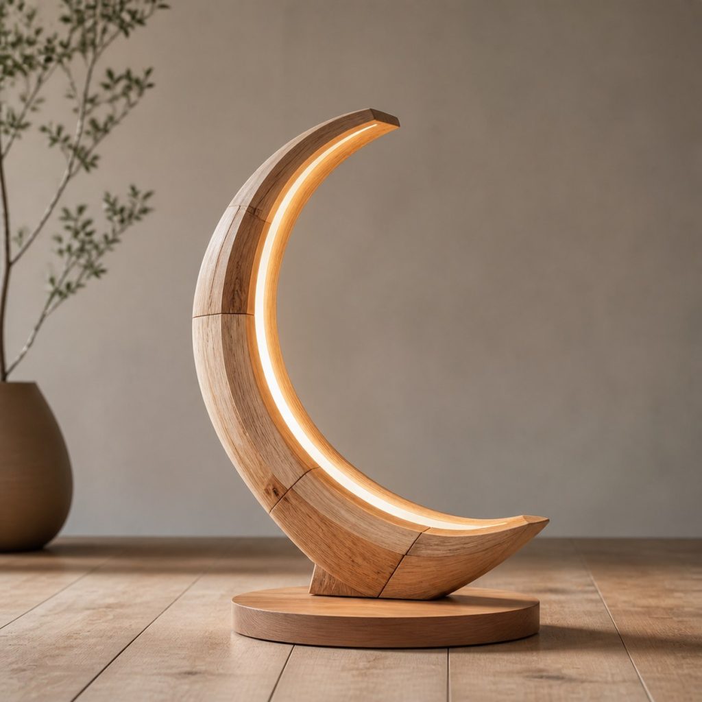 Maple Branch Crescent Lamp shown as an original square photorealistic tree branch wood lamp dominated by authentic wood texture and warm diffused light