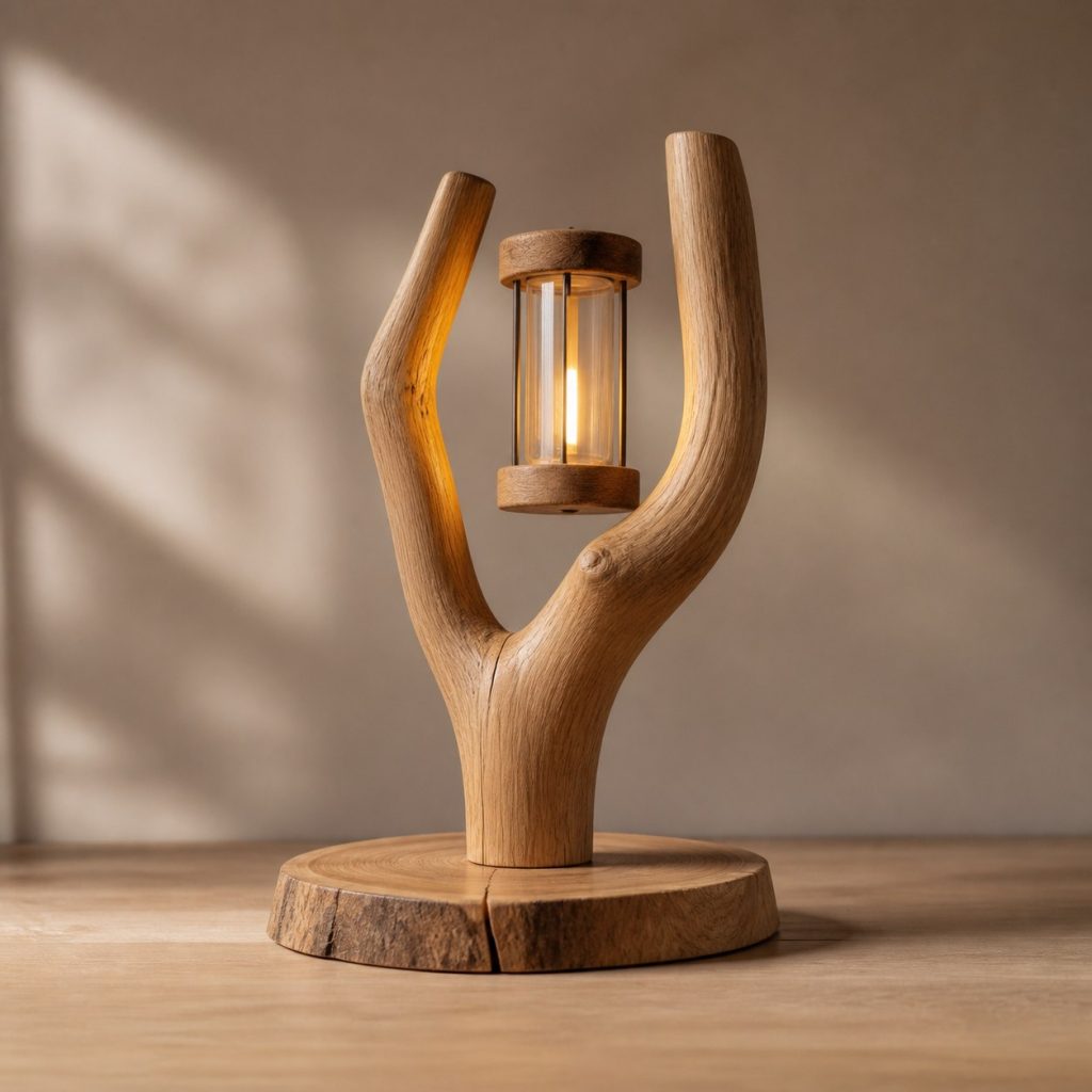 Low Oak Fork Accent Lamp shown as an original square photorealistic tree branch wood lamp dominated by authentic wood texture and warm diffused light