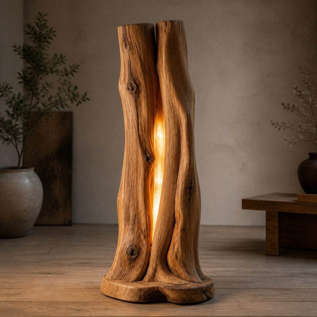 Olive-Root Floor Lamp shown as an original square photorealistic tree root wood lamp dominated by authentic wood texture and warm diffused light