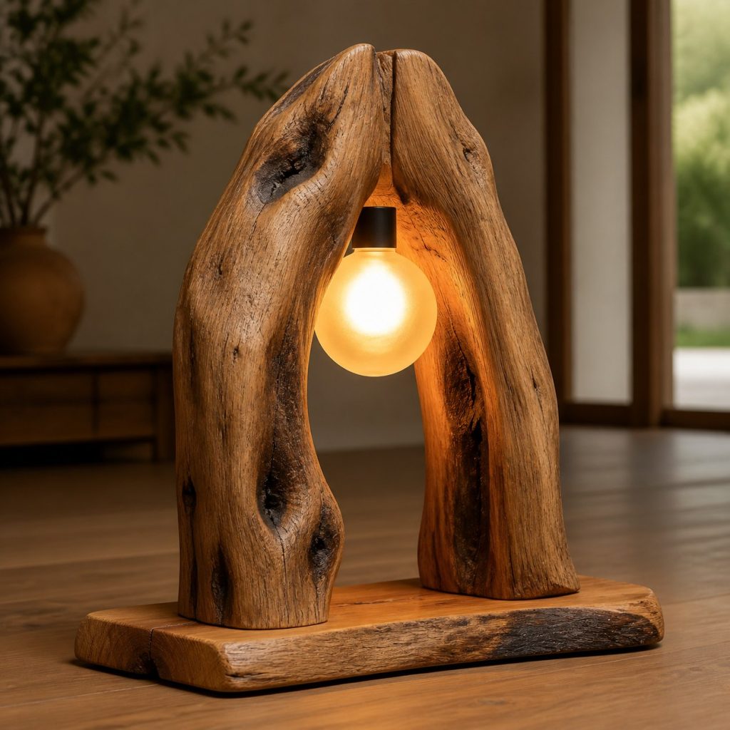 Oak Root-Arch Globe Lamp shown as an original square photorealistic tree root wood lamp dominated by authentic wood texture and warm diffused light