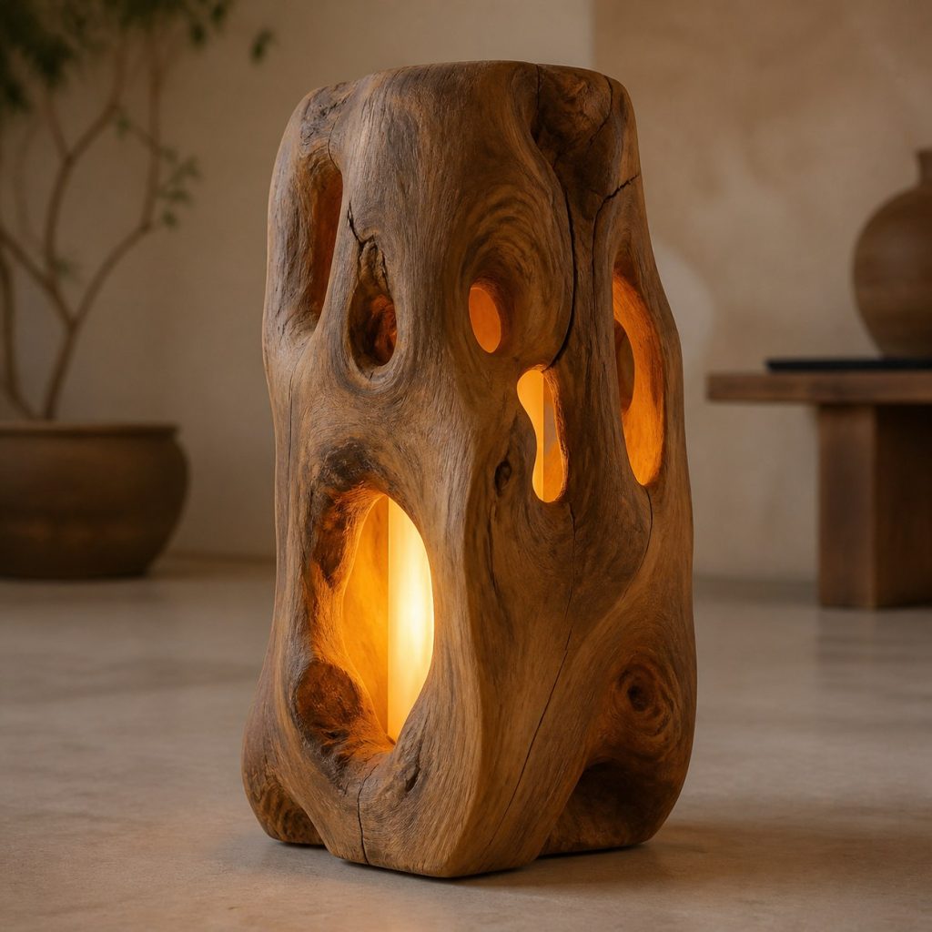 Teak Root Lantern shown as an original square photorealistic tree root wood lamp dominated by authentic wood texture and warm diffused light