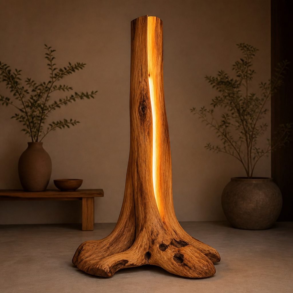 Cedar Root-Flare Floor Lamp shown as an original square photorealistic tree root wood lamp dominated by authentic wood texture and warm diffused light