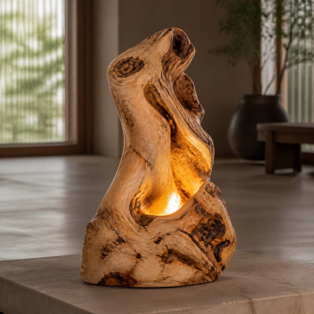 Maple Root-Burl Accent Lamp shown as an original square photorealistic tree root wood lamp dominated by authentic wood texture and warm diffused light