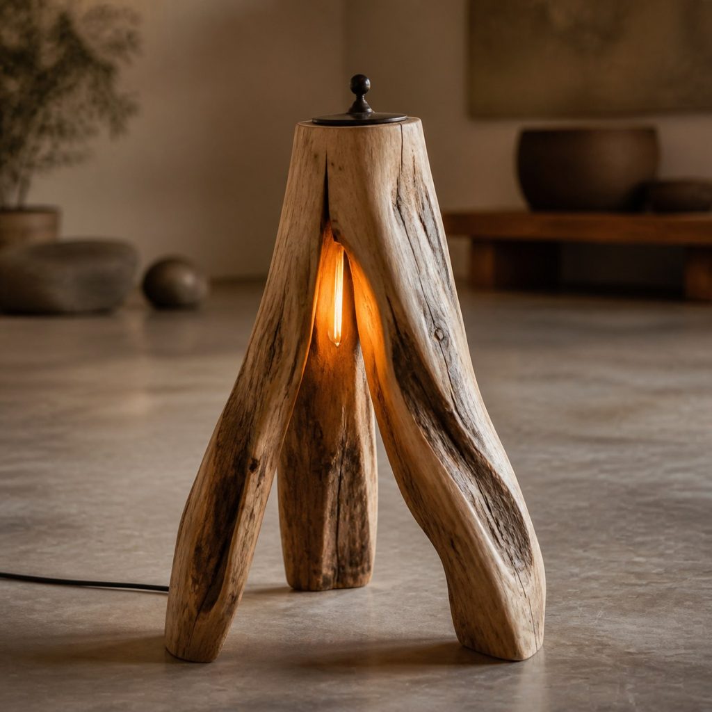 Drifted Root Tripod Lamp shown as an original square photorealistic tree root wood lamp dominated by authentic wood texture and warm diffused light