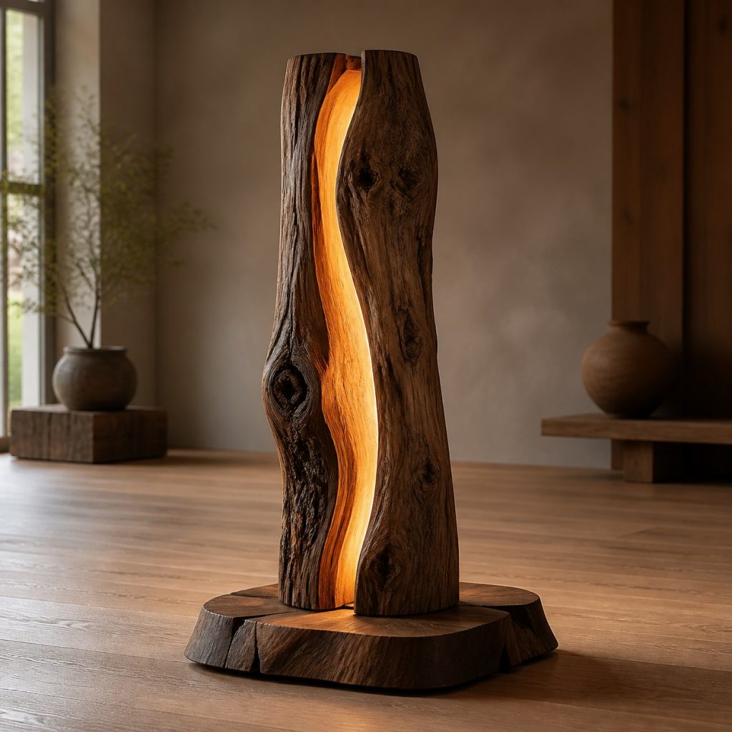 Dark-Elm Root Column Lamp shown as an original square photorealistic tree root wood lamp dominated by authentic wood texture and warm diffused light