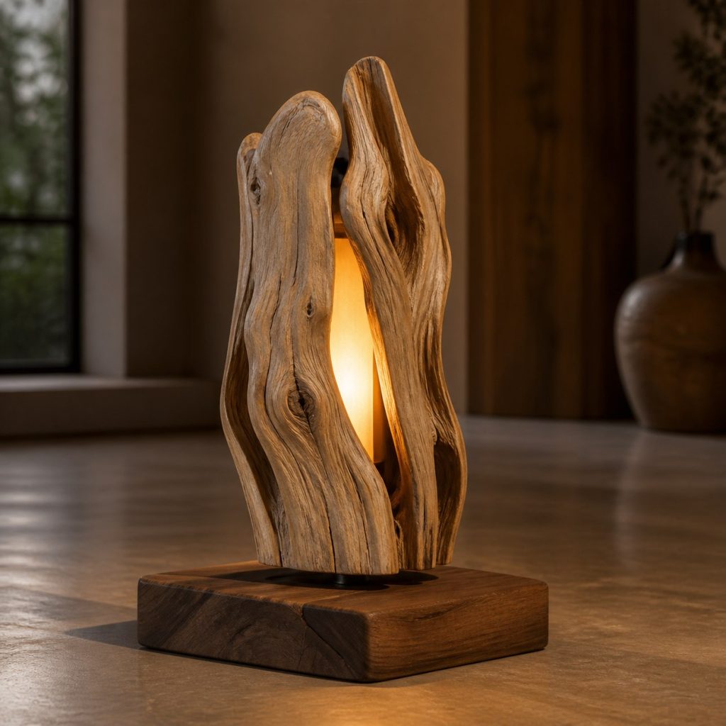 Ash Root and Walnut Slab Lamp shown as an original square photorealistic tree root wood lamp dominated by authentic wood texture and warm diffused light