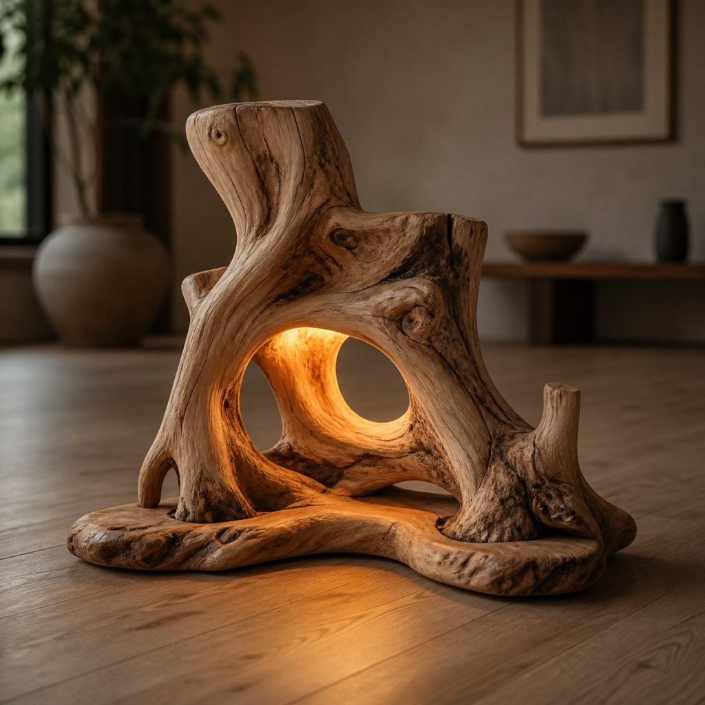 Low Sculptural Oak Root Lamp shown as an original square photorealistic tree root wood lamp dominated by authentic wood texture and warm diffused light